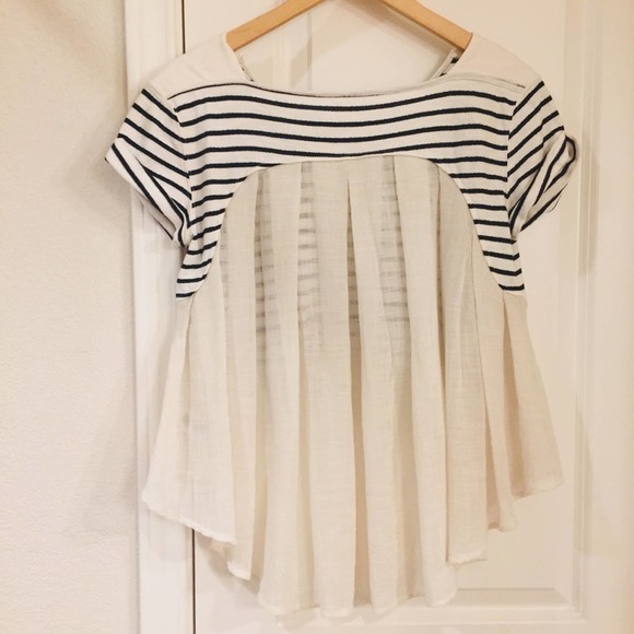 FREE PEOPLE Navy Striped High Lo Crop Casual Top XS Oversized French Kiss - Picture 5 of 6